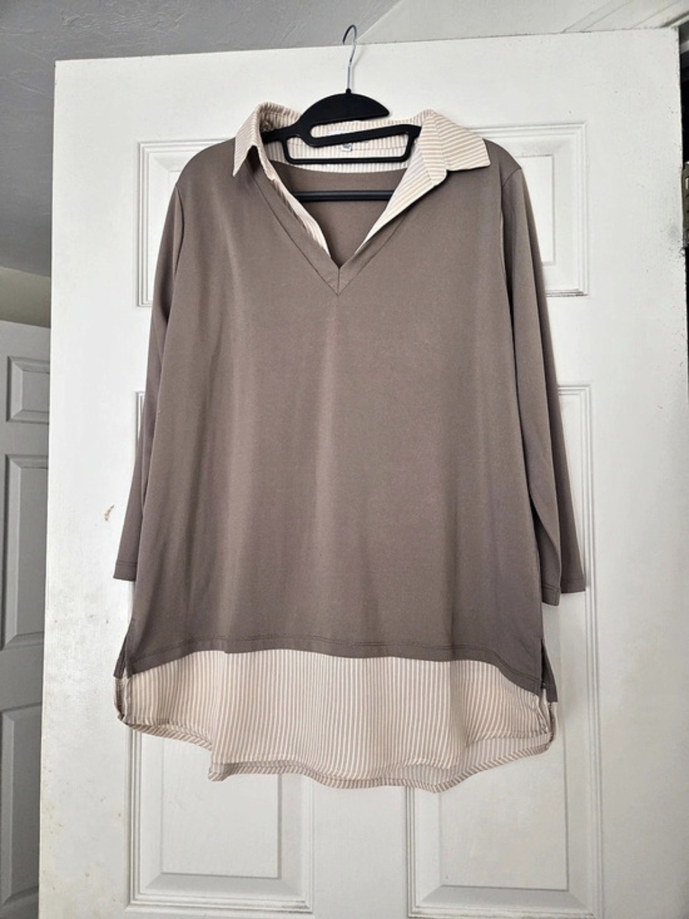 White Birch Striped Layered Hem Tunic in Taupe & Cream